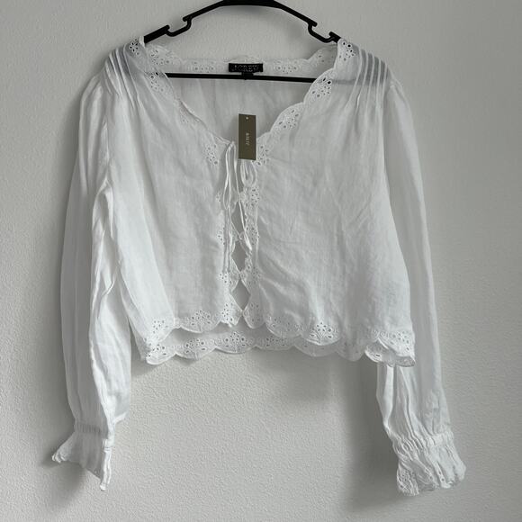 J Crew Scallop Trim Tie Front Top In Ramie Small Cropped Sheer White Flaw - Picture 2 of 14